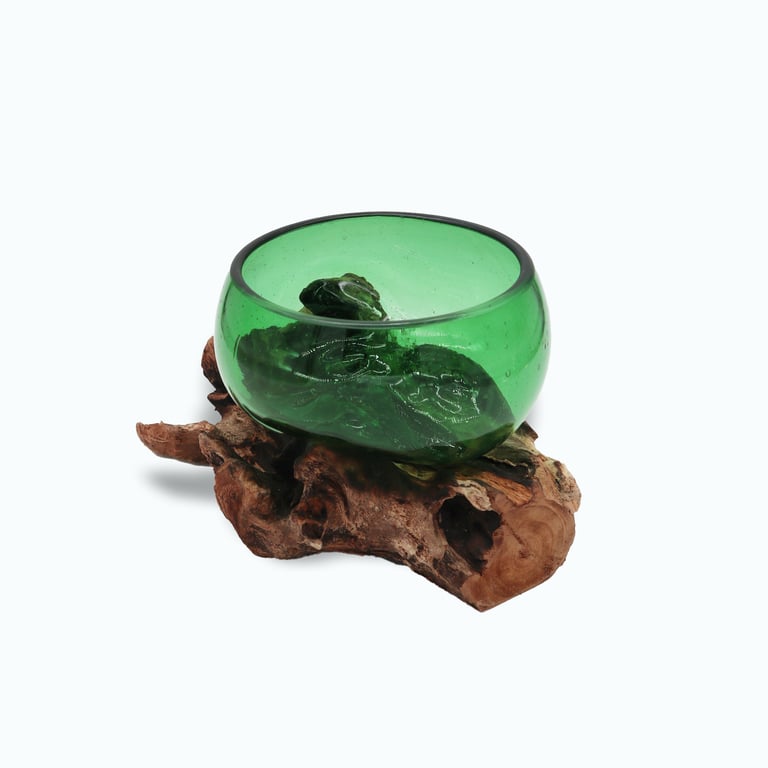 Eco-friendly Recycled Glass Bowls (Wide) on Wood - Sustainable Home Decor