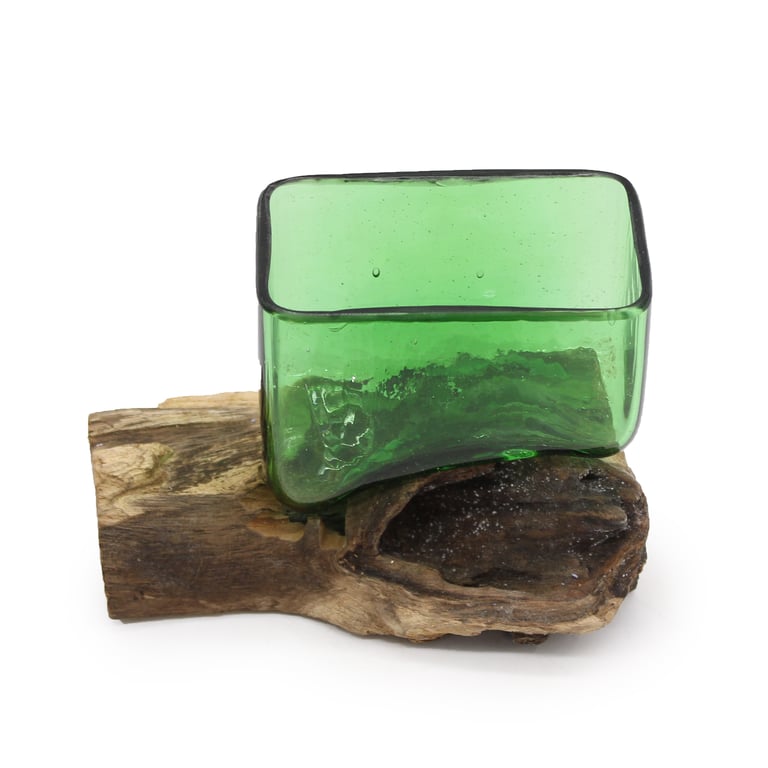 Recycled Glass Beer Bowl (Square) on Wood - Eco-Friendly Home Decor