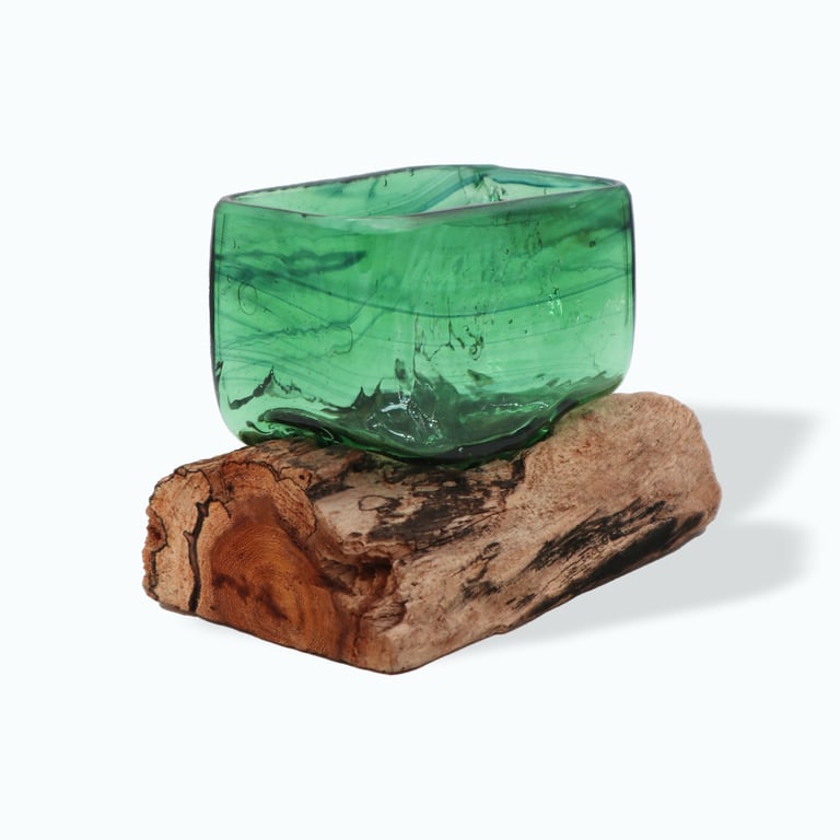 Recycled Glass Beer Bowl (Square) on Wood - Eco-Friendly Home Decor