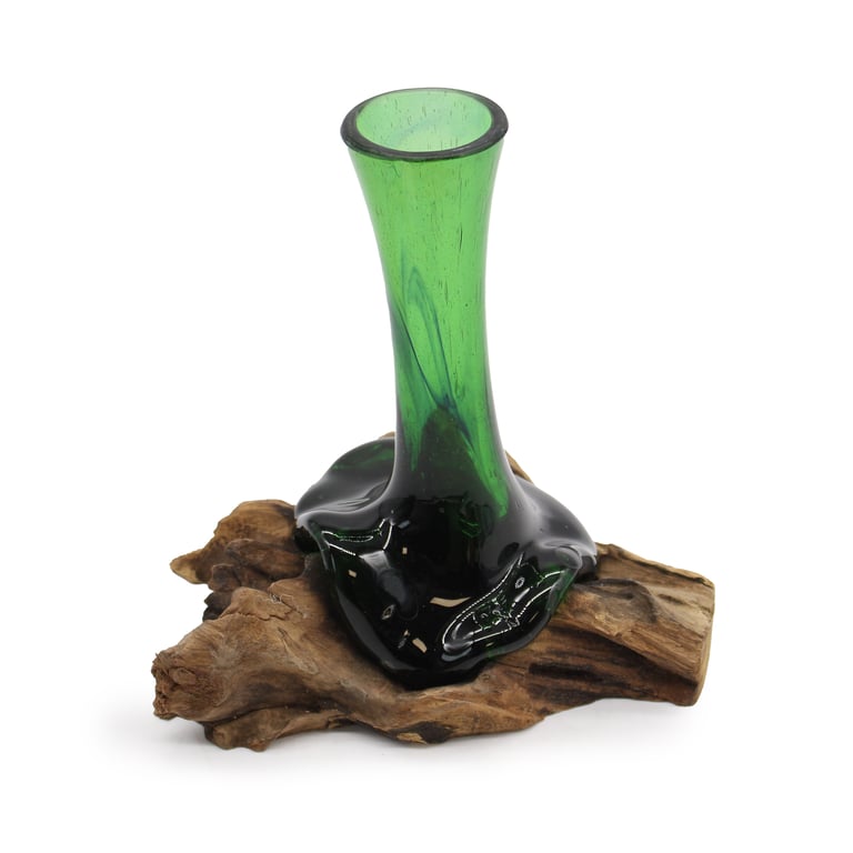 Recycled Glass Flower Vase on Wood - Eco-Friendly Home Decor