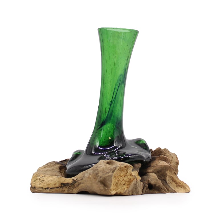 Recycled Glass Flower Vase on Wood - Eco-Friendly Home Decor