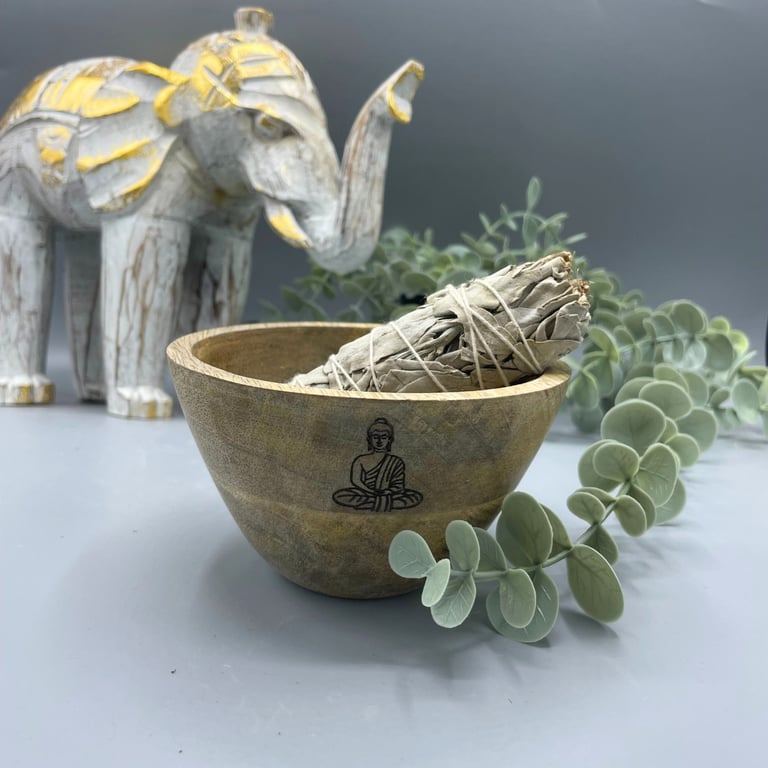 Wooden Smudge and Ritual Offerings Bowl - Buddha Design, Handcrafted Wooden Incense Holder for Spiritual Practices