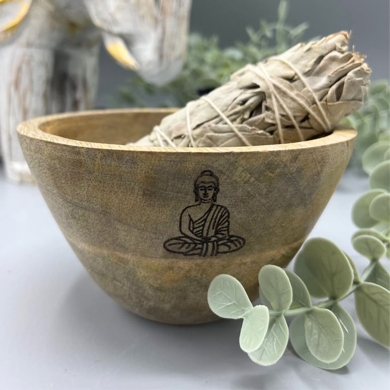 Wooden Smudge and Ritual Offerings Bowl - Buddha Design, Handcrafted Wooden Incense Holder for Spiritual Practices