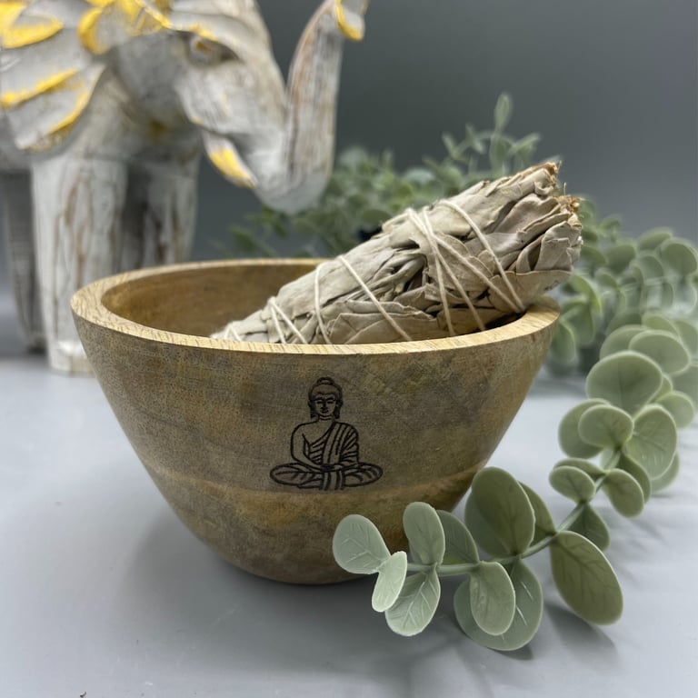 Wooden Smudge and Ritual Offerings Bowl - Buddha Design, Handcrafted Wooden Incense Holder for Spiritual Practices