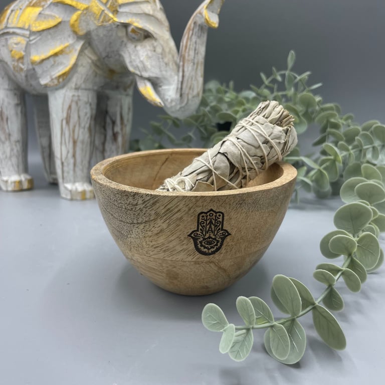 Wooden Hamsa Smudge and Ritual Offerings Bowl - 11x7cm Spiritual Bowl for Meditation and Cleansing