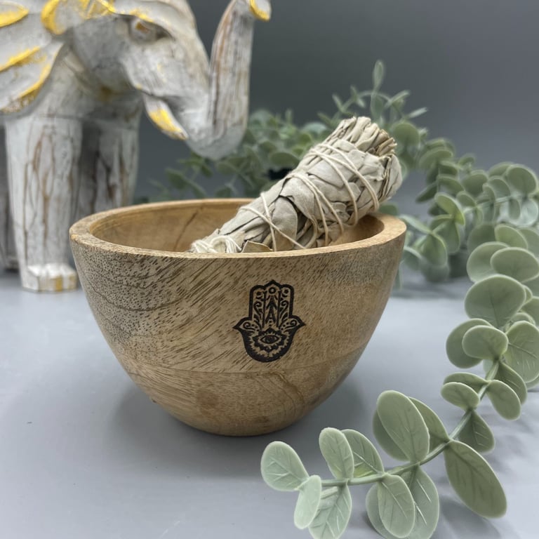 Wooden Hamsa Smudge and Ritual Offerings Bowl - 11x7cm Spiritual Bowl for Meditation and Cleansing