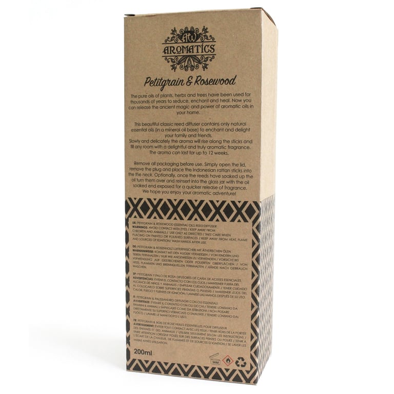 Reed Diffuser - 200ml Petitgrain & Rosewood Essential Oil - Premium Aroma