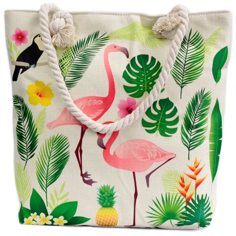 Rope Handle Flamingo Print Beach Tote Bag - Water Resistant Handbag for Outdoor Use