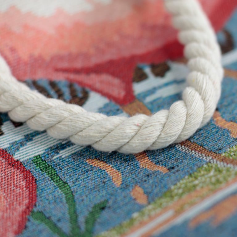 Handwoven Rope Handle Beach Tote Bag - Pink Flamingo Design