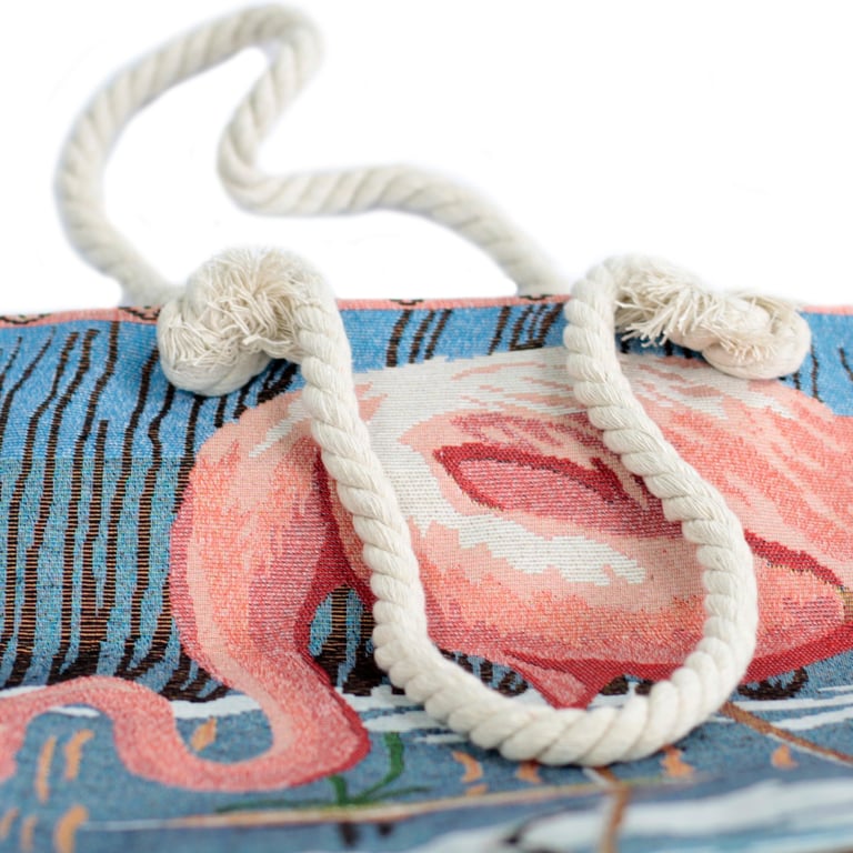 Handwoven Rope Handle Beach Tote Bag - Pink Flamingo Design