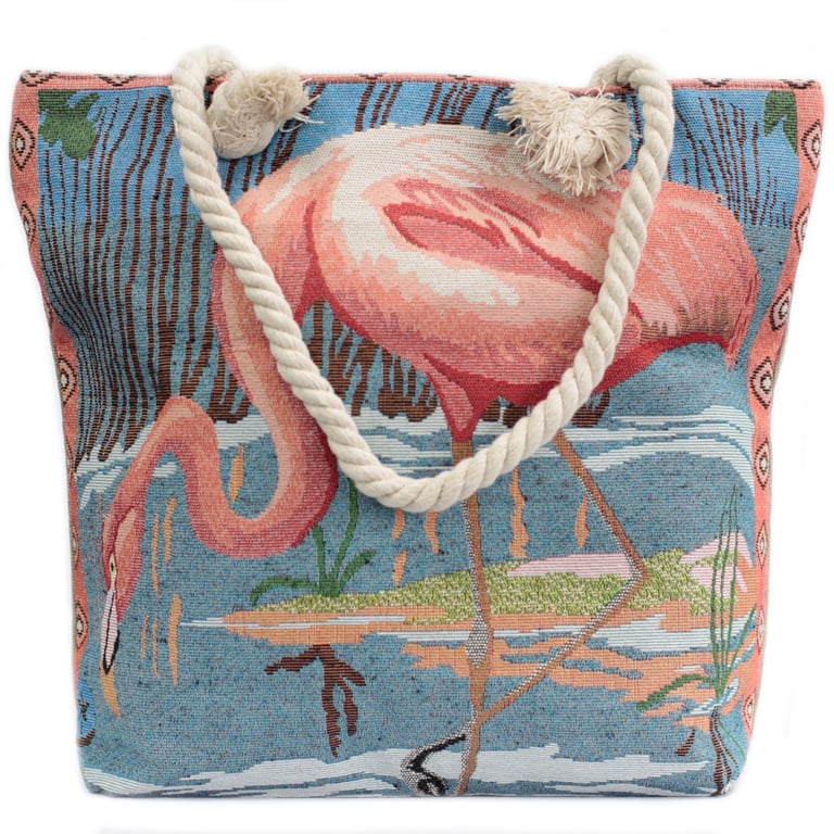 Handwoven Rope Handle Beach Tote Bag - Pink Flamingo Design