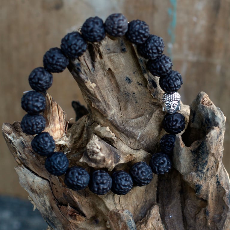 Dark Rudraksha Buddha Bangle Mala - Buddhist Prayer Beads for Meditation and Spiritual Growth