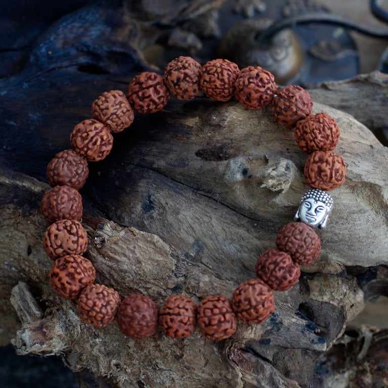 Rudraksha Buddha Bangle Mala - Brown Spiritual Bracelet with Meditation Beads