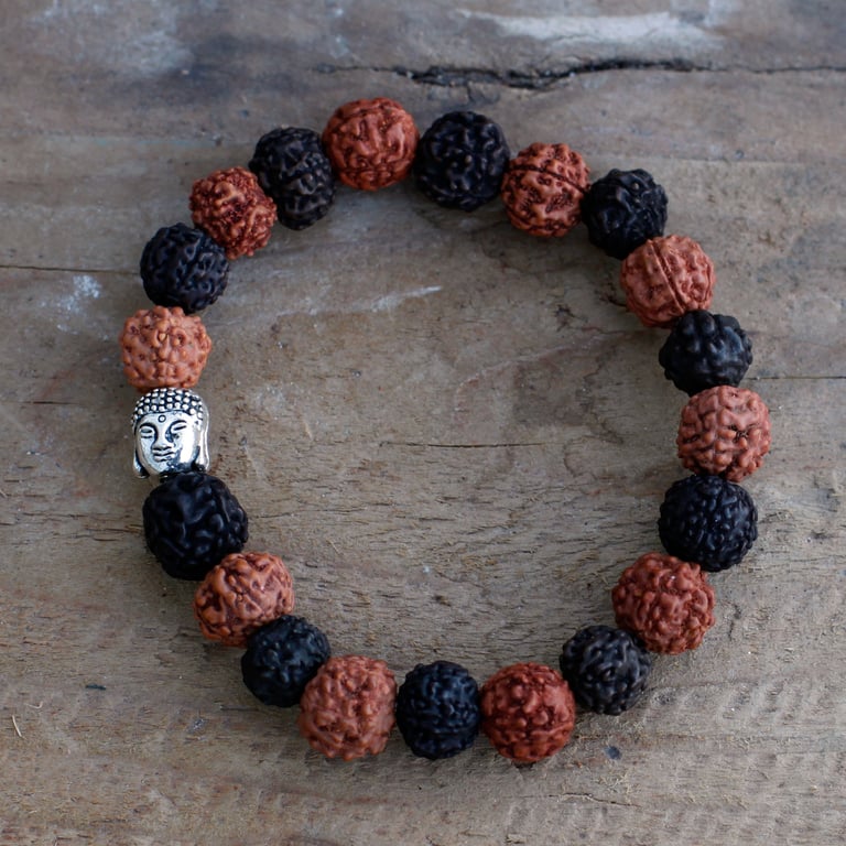 Rudraksha Buddha Mala Bangle - Spiritual Meditation Bracelet with Buddhist Prayer Beads