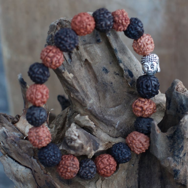 Rudraksha Buddha Mala Bangle - Spiritual Meditation Bracelet with Buddhist Prayer Beads