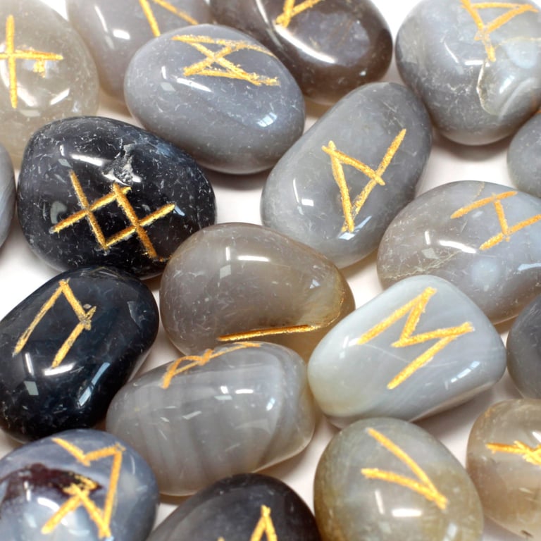 Grey Agate Runes Stone Set - Authentic Ancient Symbols for Meditative Practice
