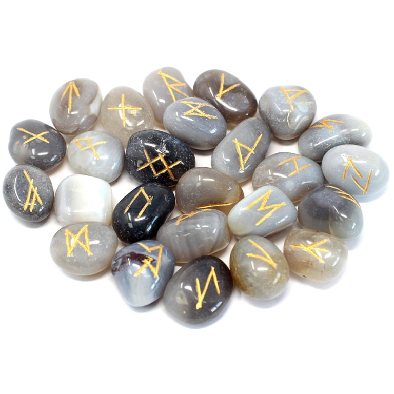 Grey Agate Runes Stone Set - Authentic Ancient Symbols for Meditative Practice