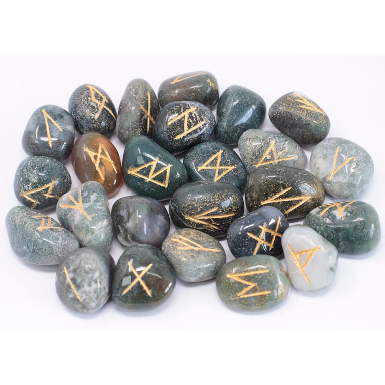 Moss Agate Runes Stone Set - Ancient Divination Tool