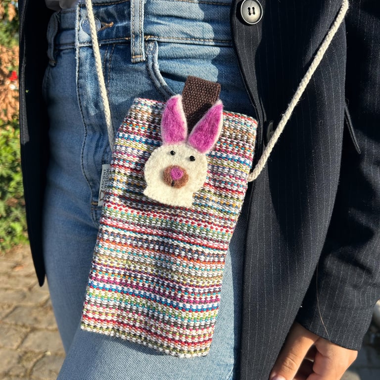 Phone Holder Bag Stripes Pink - Portable Bunny Decor Phone Stand Bag