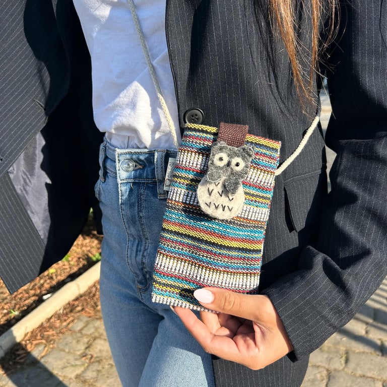 Phone Holder Bag Stripes Multi and White Owl Decorative Stand Bag