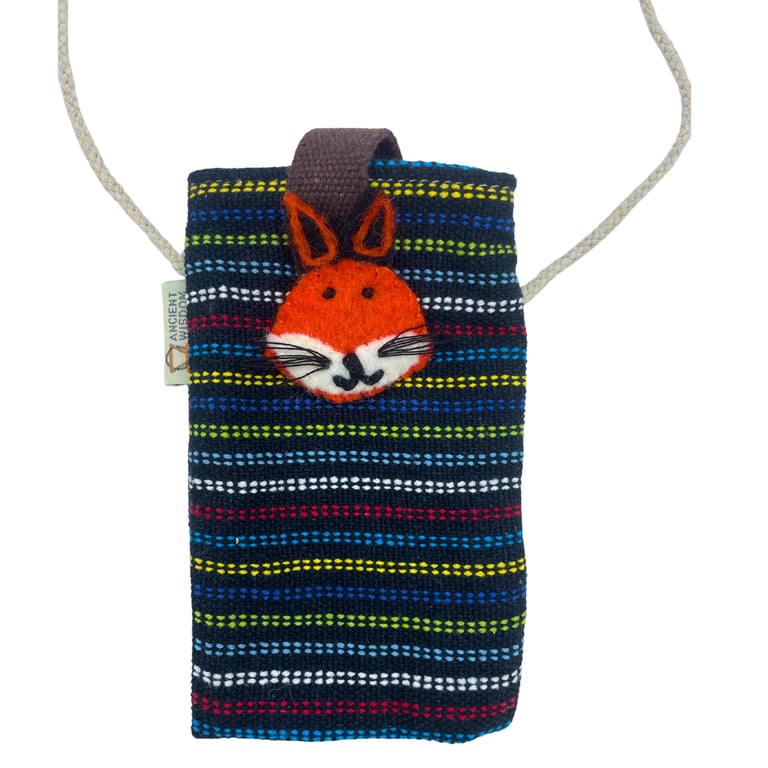 Black Phone Holder Bag - Multi-Use Storage Carrier with Fox Decor Design