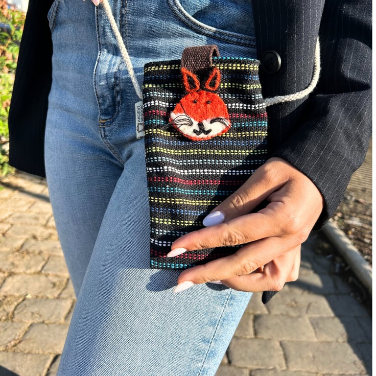 Black Phone Holder Bag - Multi-Use Storage Carrier with Fox Decor Design