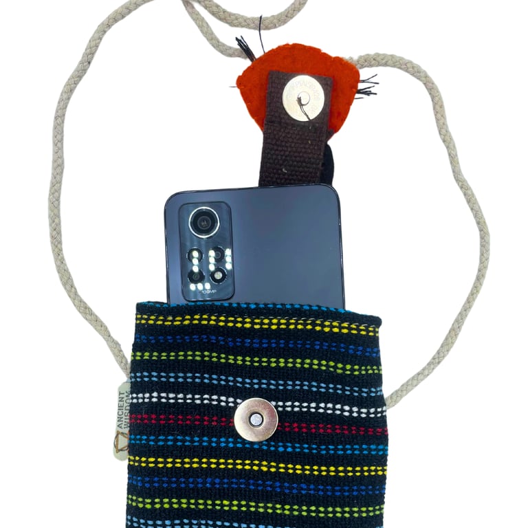 Black Phone Holder Bag - Multi-Use Storage Carrier with Fox Decor Design