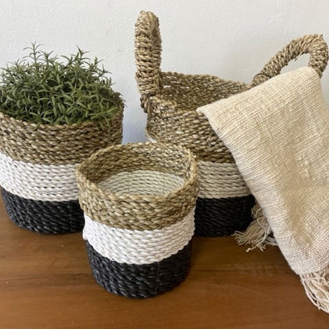Seagrass Basket Set - Durable & Stylish - Dark Grey / White / Natural