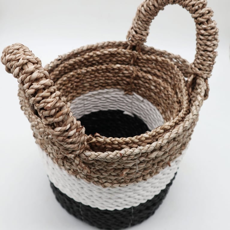 Seagrass Basket Set - Durable & Stylish - Dark Grey / White / Natural