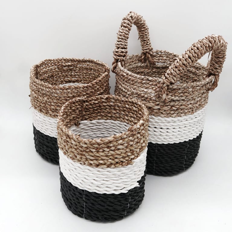Seagrass Basket Set - Durable & Stylish - Dark Grey / White / Natural