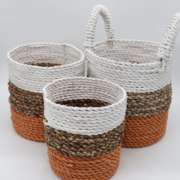 Seagrass Basket Set (Orange/Natural/White) - Durable & Stylish Design