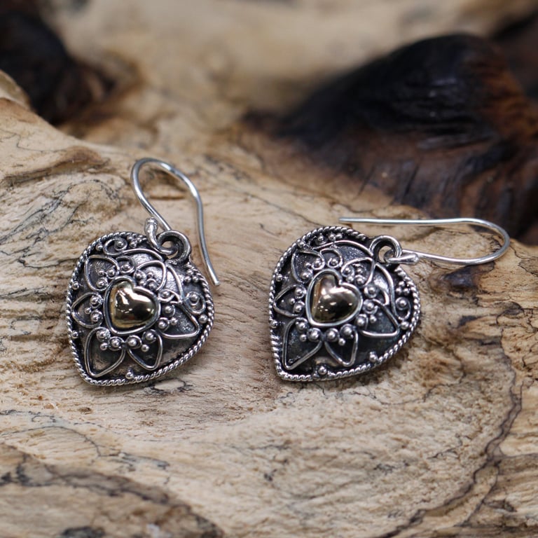 Gold & Silver Mandala Heart Earrings - Timeless Style
