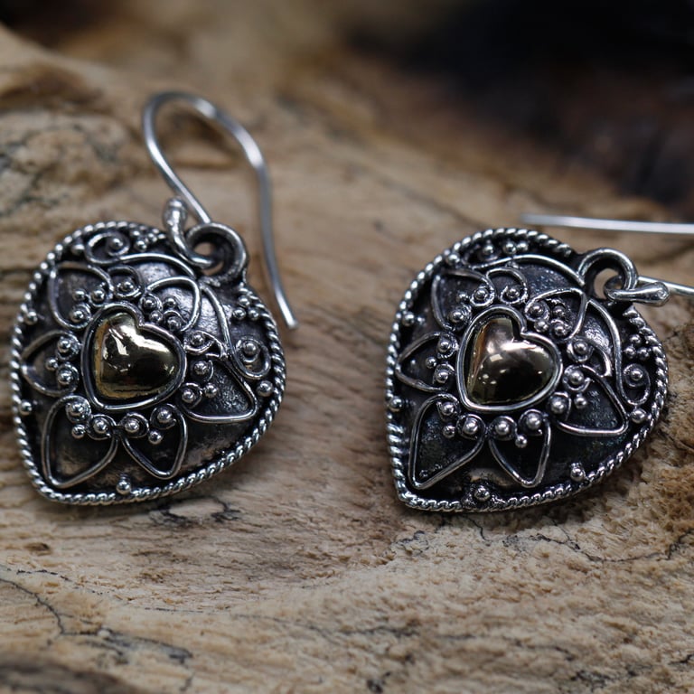 Gold & Silver Mandala Heart Earrings - Timeless Style