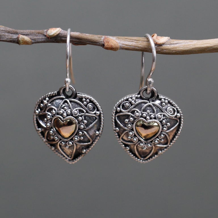 Gold & Silver Mandala Heart Earrings - Timeless Style