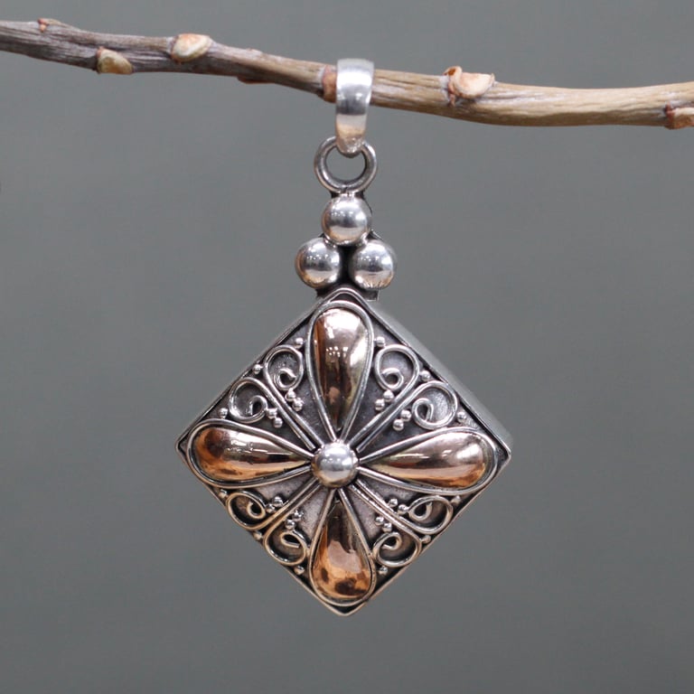 14K Gold & Silver Square Drop Pendant - Elegant Design