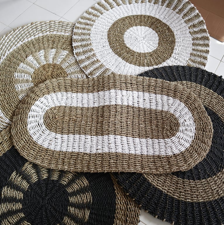 Seagrass Oval Rug (60x120cm) - White & Tan, Classic Design