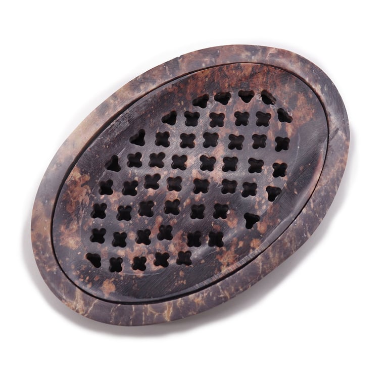 Classic oval soapstone soap dish and drainer measuring 11x8cm with smooth, natural stone finish
