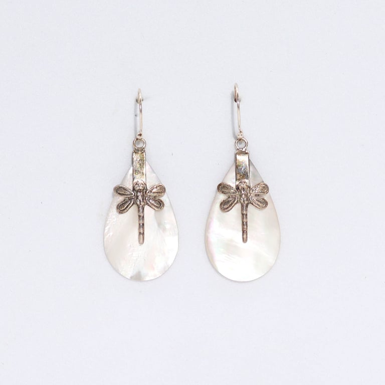 Silver & MOP Dragonfly Earrings - Elegant Shell Design
