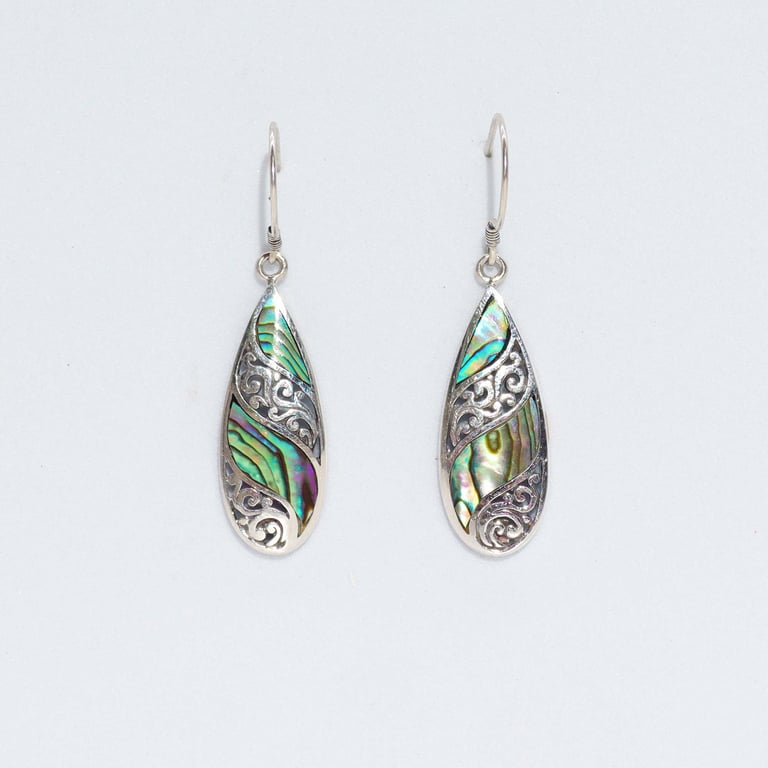 Abalone Teardrop Shell & Silver Earrings - Long Design