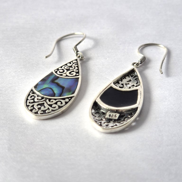 Abalone Teardrop Oval Shell & Silver Earrings