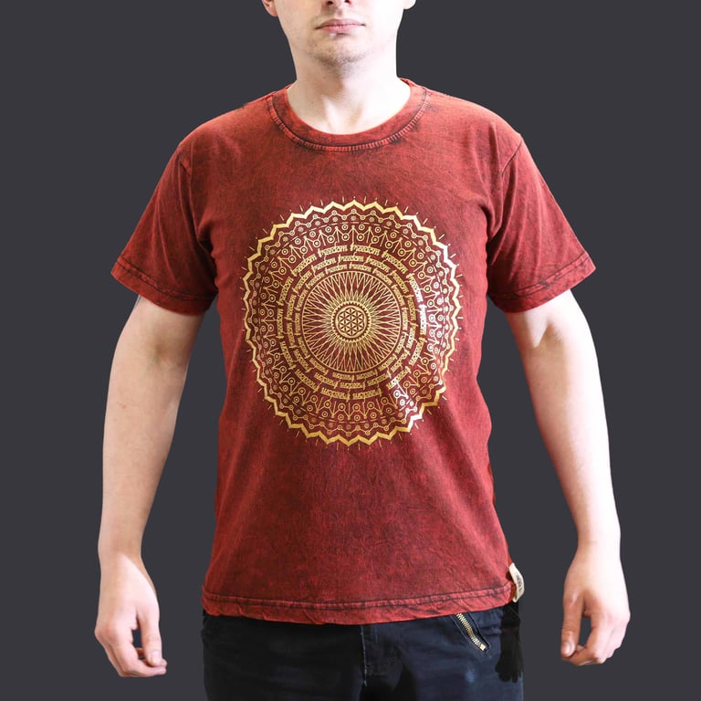 Small Stone-Washed Mandala T-Shirt (Maroon) - Bohemian Chic