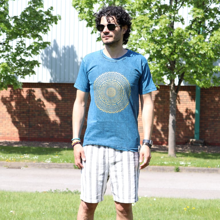 Blue Stone-Washed T-Shirt (Mandala Design) - Small Size