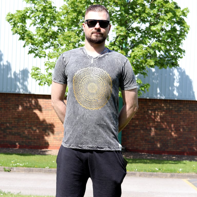 Small Stone Wash Mandala T-Shirt (Dark Grey) - Fashionable & Comfortable