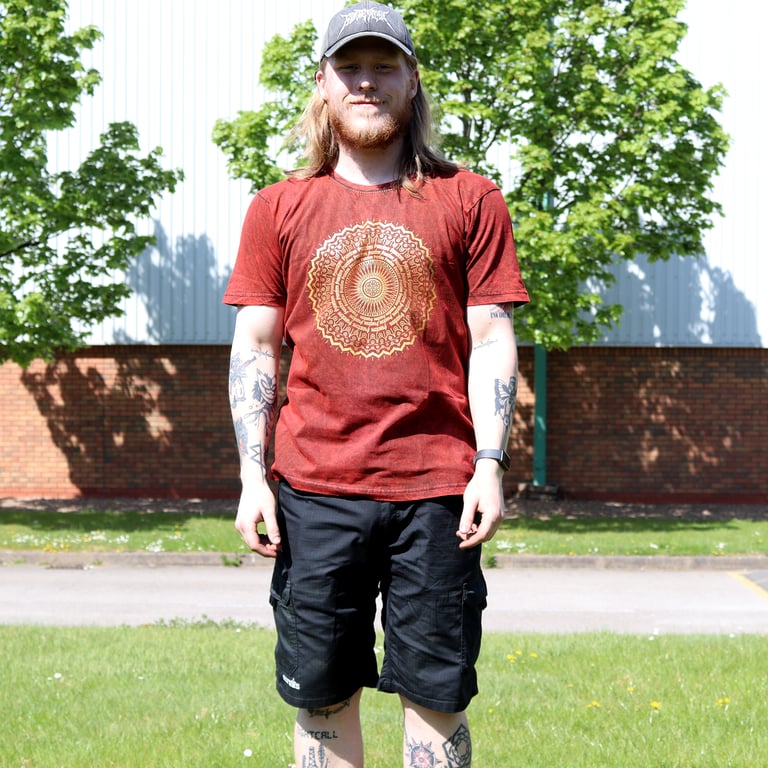 Large Stone Wash Mandala T-Shirt (Maroon) - Premium Quality