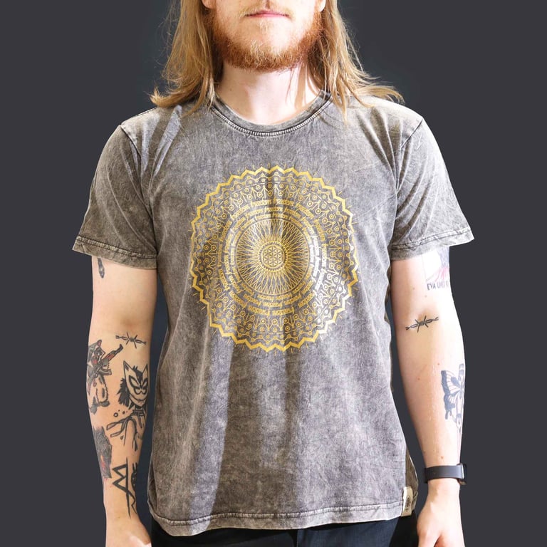Large Stone-Washed Mandala T-Shirt (Dark Grey) - Comfortable Fit