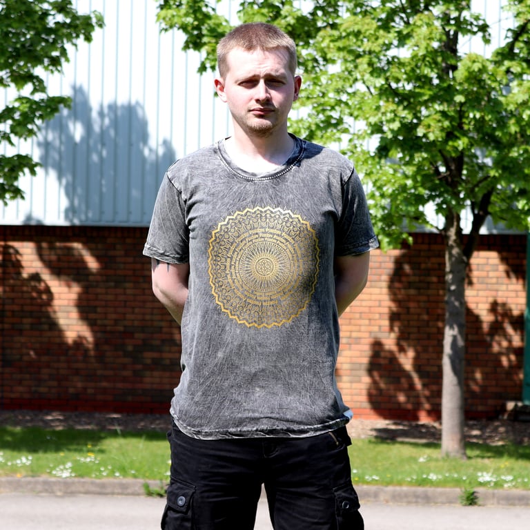 Large Stone-Washed Mandala T-Shirt (Dark Grey) - Comfortable Fit
