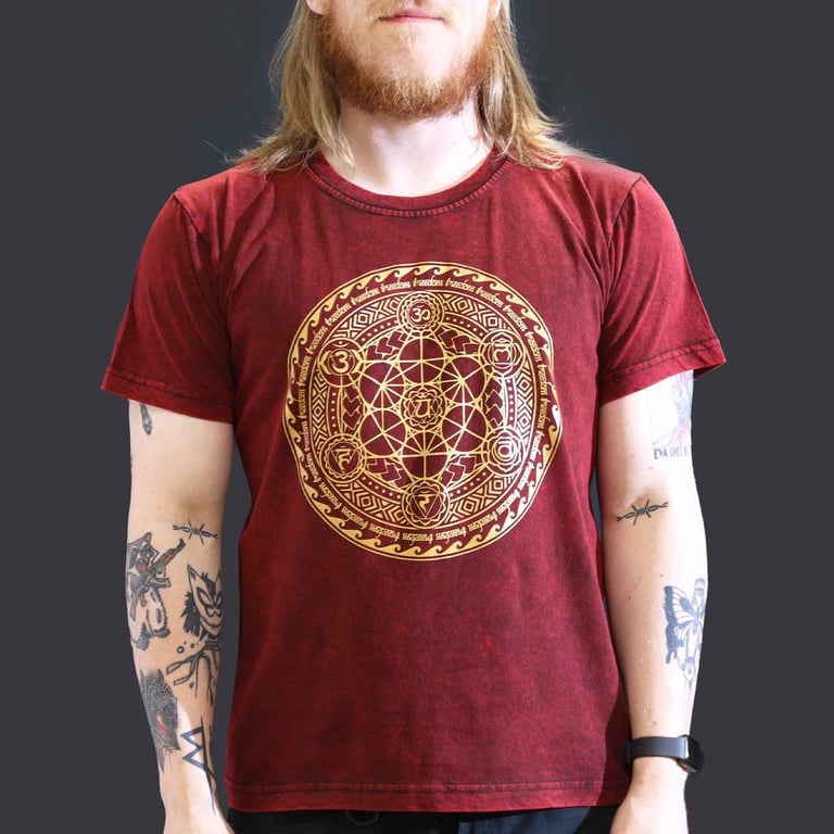 Large Stone-Washed Maroon Chakra T-Shirt - Unisex, Soft & Breathable