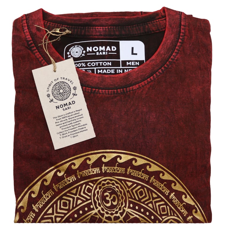 Large Stone-Washed Maroon Chakra T-Shirt - Unisex, Soft & Breathable
