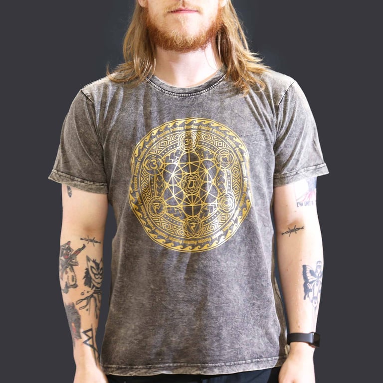 Large Stone-Washed T-Shirt - Chakra Design - Dark Grey (Unbranded)