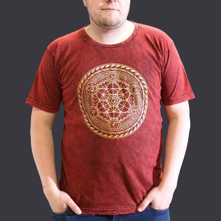 XLarge Stone Washed T-Shirt - Maroon Chakra Design - (Brand) Model